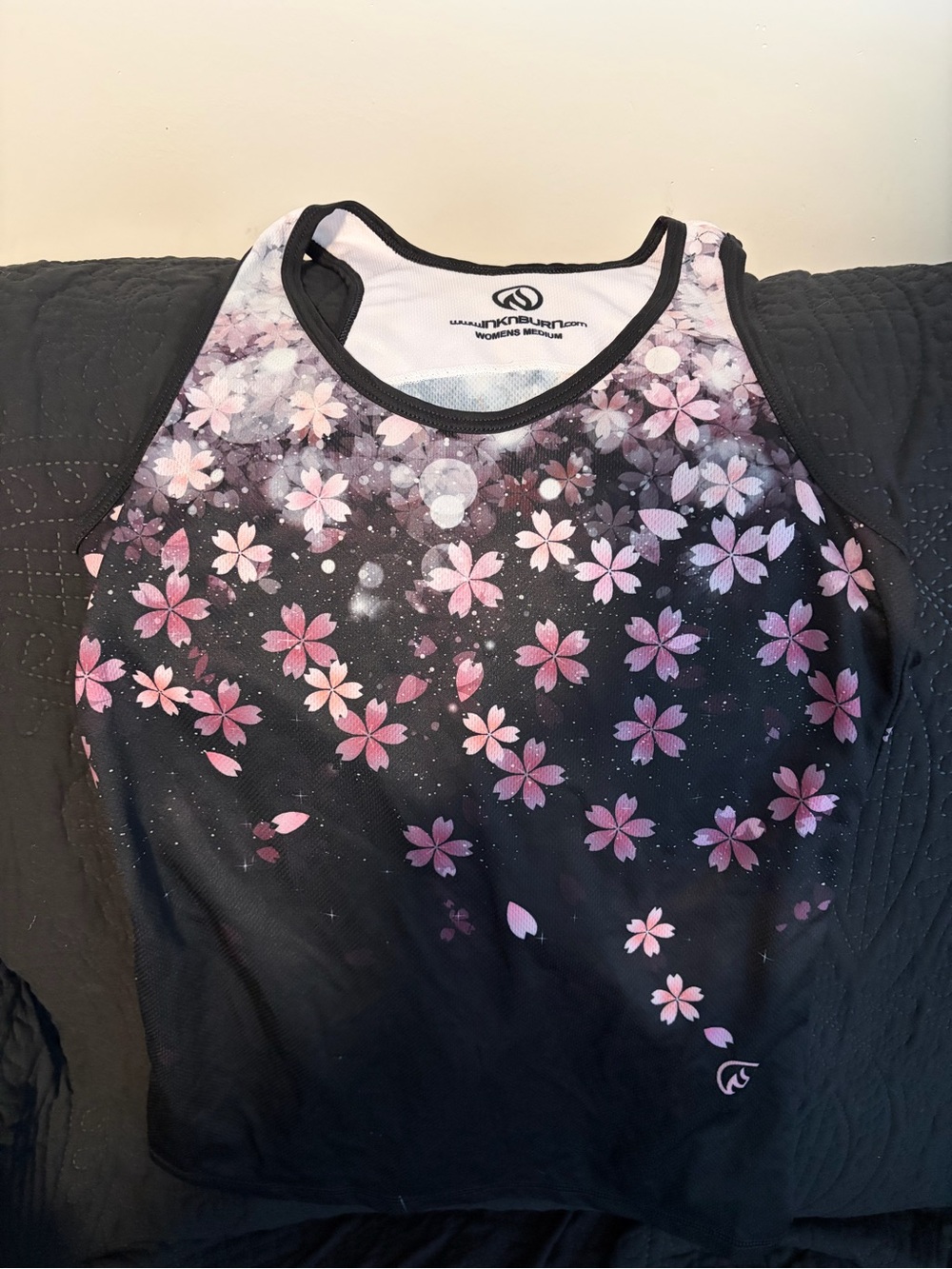 INKnBURN Women's Black Tank with Pink Floral Cherry Blossom Print